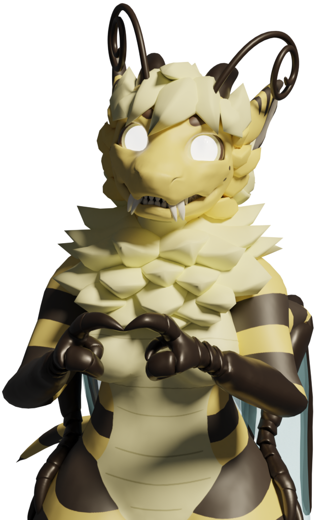 an anthropomorphic bee dragon with overzealous neckfloof wearingglasses stares at the camera with an eager yet relaxed look. she has her lower claws on her hips, and her upper claws pointed to each other.