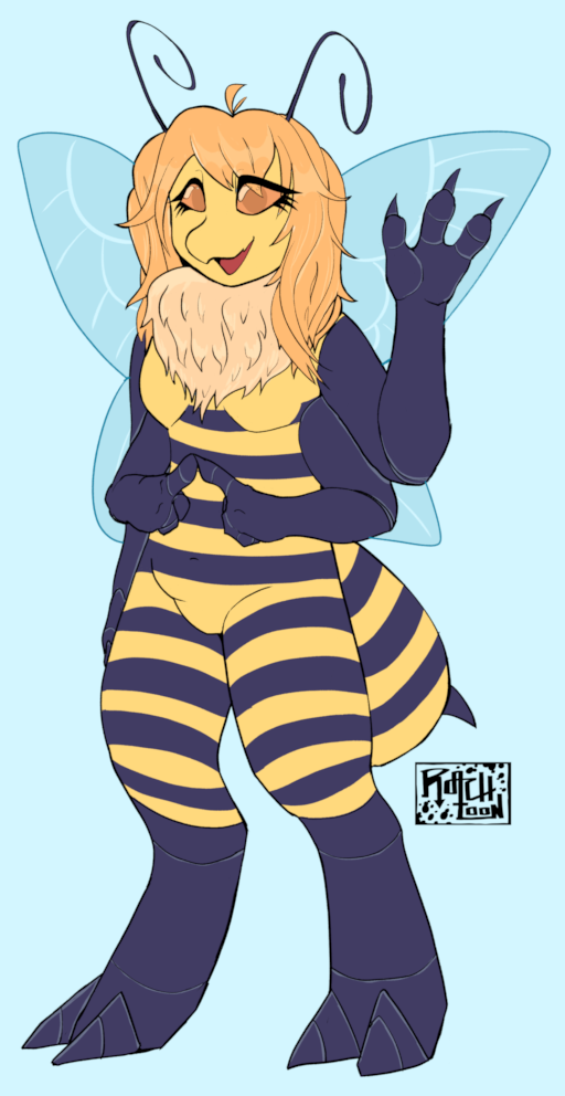 Me, a bee with long hair and fluffy neck floof, smiling and standing holding up my upper left claws and palm, while the upper right is relaxed to my hips. My lower pair of claws are tapping their two index claws together like that meme 'is for me??' 