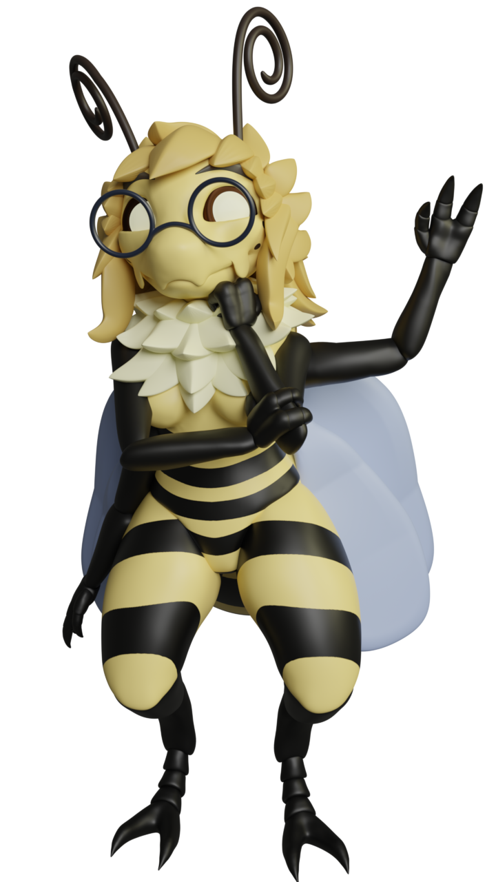 an anthropomorphic bee with long hair and fluffy neck floof, smiling and resting right hand on left elbow. lower left hand is waving at you. 
