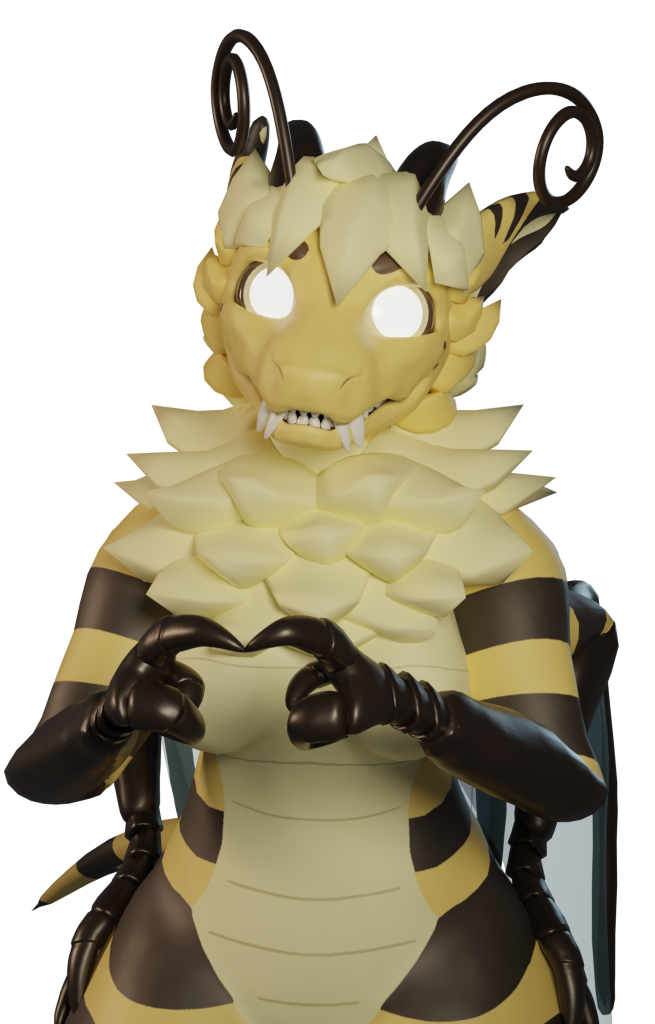 an anthropomorphic bee dragon with overzealous neckfloof wearingglasses stares at the camera with an eager yet relaxed look. she has her lower claws on her hips, and her upper claws pointed to each other.